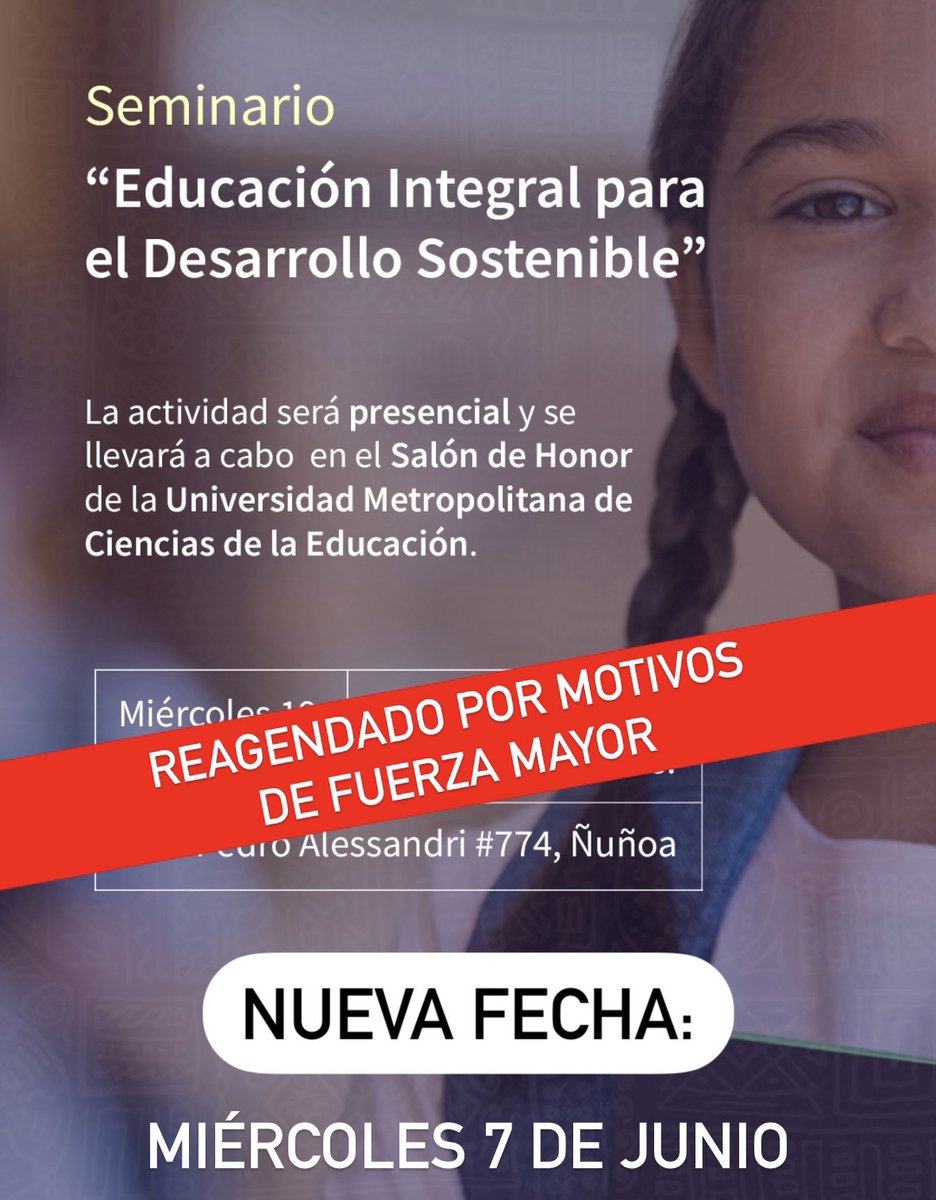 🔴 Por motivos de fuerza mayor, postérganos para el miércoles 7 de junio el Seminario Educación Integral para el Desarrollo Sostenible organizado junto a <a href="/umcecl/">UMCE</a> 

Inscríbete para esa nueva fecha: forms.gle/qTPhPkeuJ2HYfA…