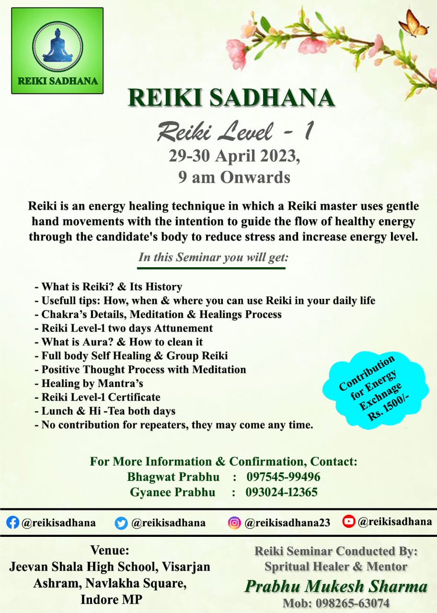 reikisadhana's tweet photo. Reiki 1st Degree Seminar on 29-30 APR 2023. For more information contact 9826563074.
#reiki #reikihealing #reikimaster #reikienergy #reikipractitioner #healing #healingpractice #meditation #meditationpractice #soulenergy #reikicourse #Healing #Health #yoga #reikisadhana #Health https://t.co/0h2jgl85HN