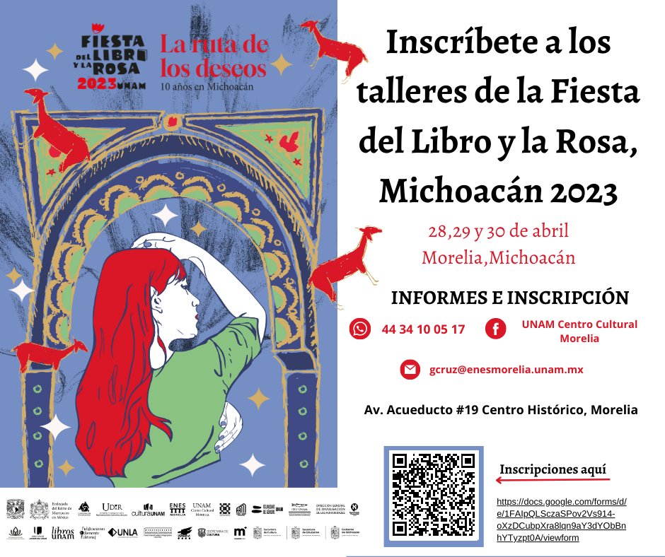 UNAMCultMorelia's tweet photo. ¡Ya viene la Fiesta del Libro y la Rosa de Michoacán! Inscríbete a todos los 𝘁𝗮𝗹𝗹𝗲𝗿𝗲𝘀: escritura en árabe, cómic y artivismo, creación poética, serigrafía, encuadernación, filosofía para niñas y niños, y muchas más sorpresas 
Reserva tu lugar: https://t.co/AZbr6FOshV https://t.co/FxRGdsUqPD