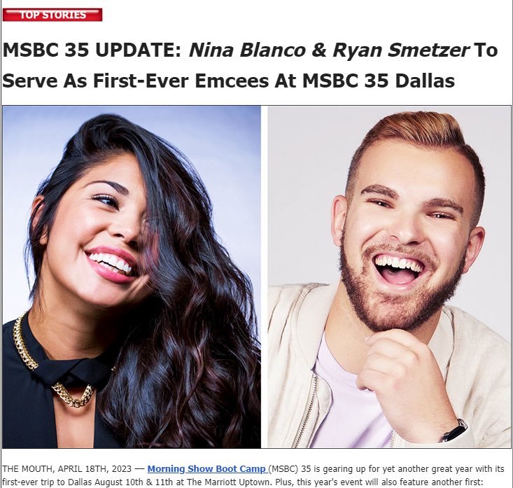 RyanSmetzer's tweet photo. @TheNinaBlanco you ready fam? 

Honored to be co-emceeing @radioMSBC in Dallas, TX this August! 

So many incredible talents from all over the radio landscape come together for this event and I couldn’t be more ecstatic to be a part of its next chapter in the in its 35th year. https://t.co/VbZ8VfWbak