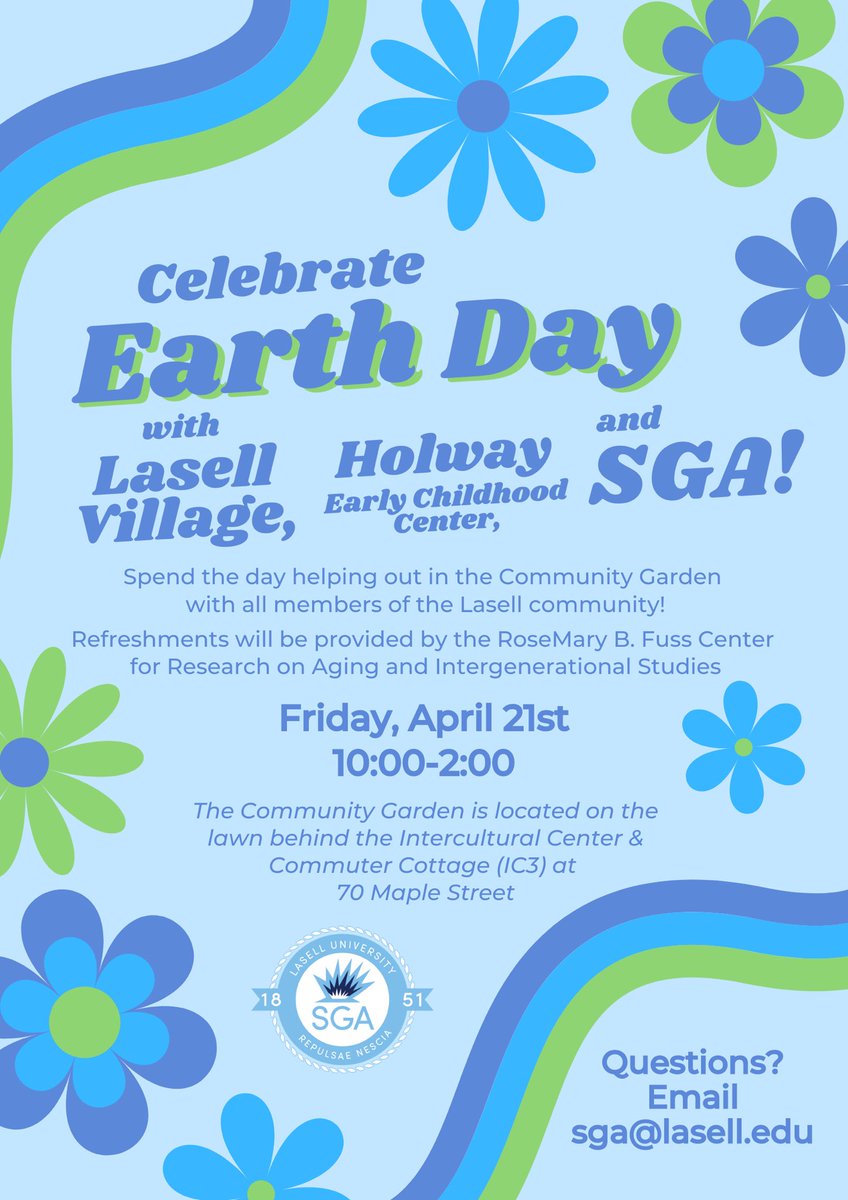 Join SGA, Lasell Village, and Holway ECC for an Earth Day celebration this Friday! Starting at 10:00, we will be replanting flowers and vegetables in the Community Garden behind the IC3. #studentgovernmentassociation #laselluniversity