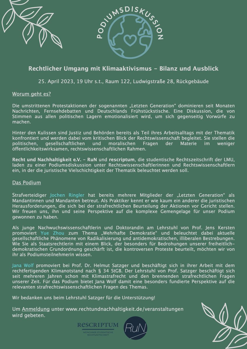 KatrinHoeffler's tweet photo. Spannende Podiumsdiskussion u.a. mit @jn_wlf @LMU_Muenchen #rescriptum #rechtundnachhaltigkeit
#Klimaaktivismus #Klimanotstand #Klimastrafrecht #Protest #protecttheprotest https://t.co/333x4cdWL5