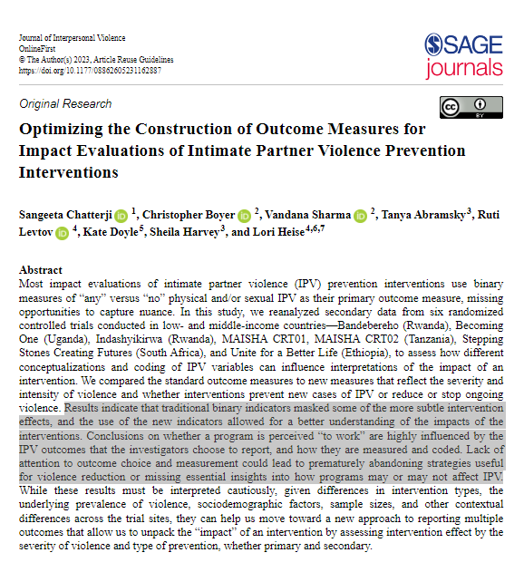 Great to see this IPV measurement paper by <a href="/_Sangeeta_/">Sangeeta</a> @chrisbboyer <a href="/VSharmaGlobHth/">Vandana Sharma</a> <a href="/RutiLevtov/">Ruti Levtov</a> <a href="/LoriHeise5/">Lori Heise</a> &amp; co now published!

Read it, use it, cite it  h/t <a href="/Prevent_Collab/">Prevention Collaborative</a> 

journals.sagepub.com/doi/10.1177/08…