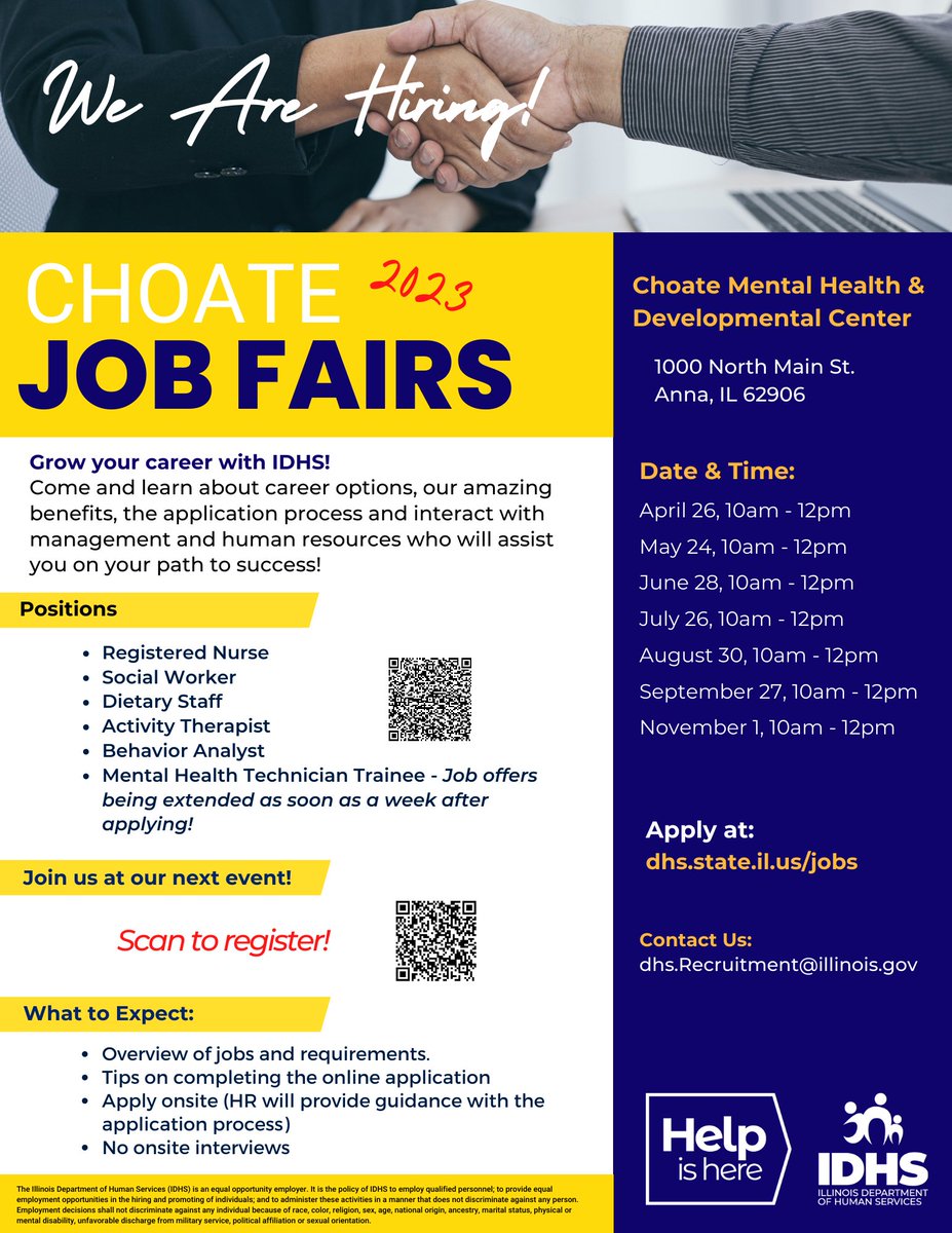 Join IDHS for a #jobfair at the Choate Mental Health and Developmental Center in Anna, IL. You can expect to gain an understanding of the IDHS #openings and requirements as well as guidance on the application process. There will not be on-site interviews at this event.