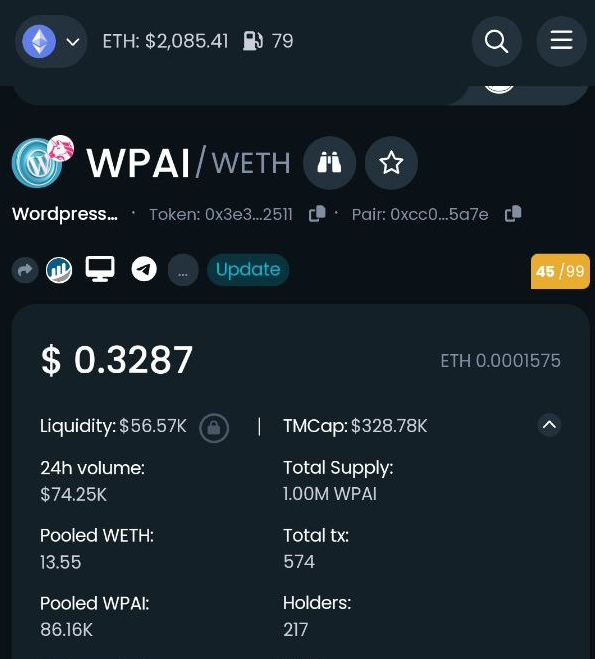 WordpressAI_ETH's tweet photo. Our DEXtools for $WPAI has been updated! 

https://t.co/dxMa8OLEke

#WPAI #WordpressAI #Wordpress #AI #WebsiteBuilder https://t.co/Y3ctpFhT5F