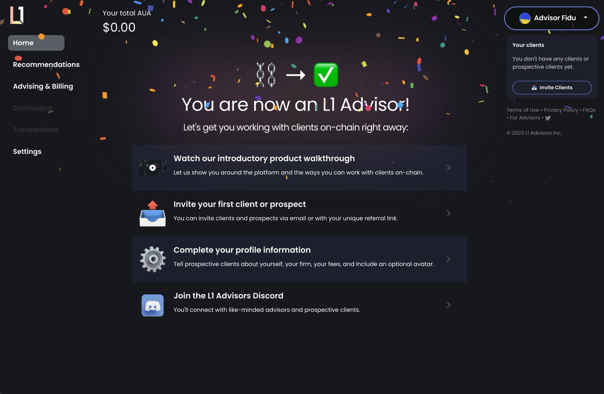 We've been working with financial advisors on our <a href="/L1Advisors/">L1</a> private beta since early this year. 

Today, exactly one year after starting the company, we are so excited to open up advisor registration to any financial professional that wants to work with clients on-chain! 🚀
