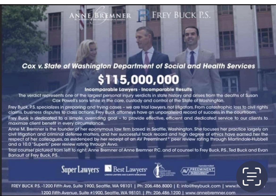 annembremner's tweet image. We won our appeal today in the Susan Cox Powell case against the State for the deaths of her children. The 100 M verdict is reinstated.  We are grateful to our jury and to Div II of the Court of Appeals.