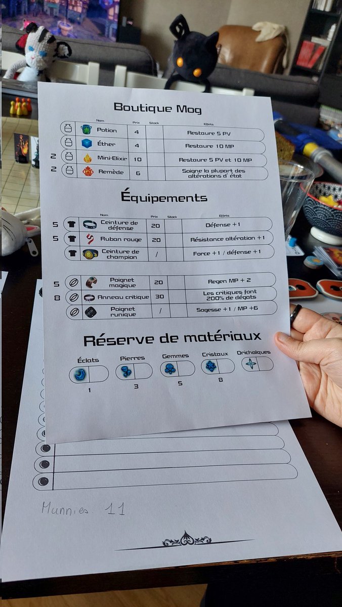 FloraCoquelicot's tweet photo. Game upgrade!
Since this is set up in Chi/UX, we have cards for our attacks, as well as for the status changes, a skill tree to spend the AP gained by levelling up, and of course the Moogle shop has a list of what we can buy!

So proud of our DM for crafting all these things ❤️ https://t.co/4UF6R8FD0t