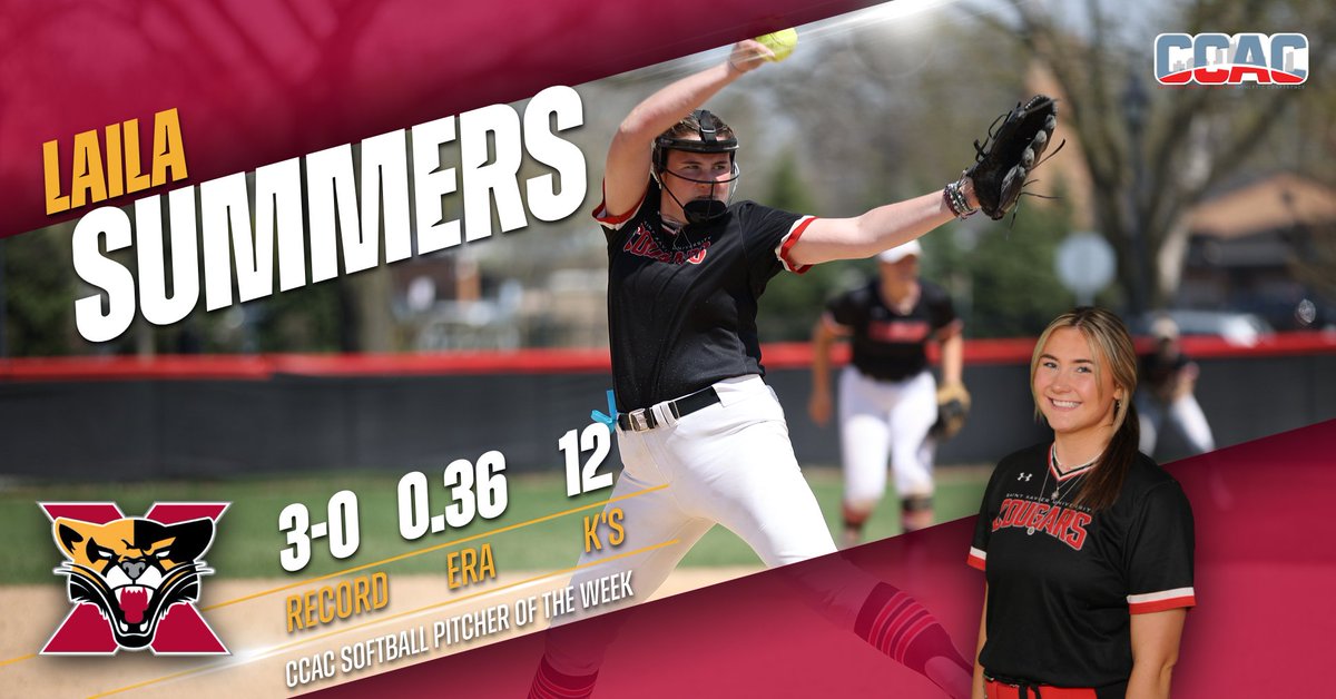 Congrats to Laila Summers from <a href="/SXUsoftball/">SXU Softball</a> on being named the CCAC Softball Pitcher of the Week! #GoCougs🐾🥎 #WeAreSXU
