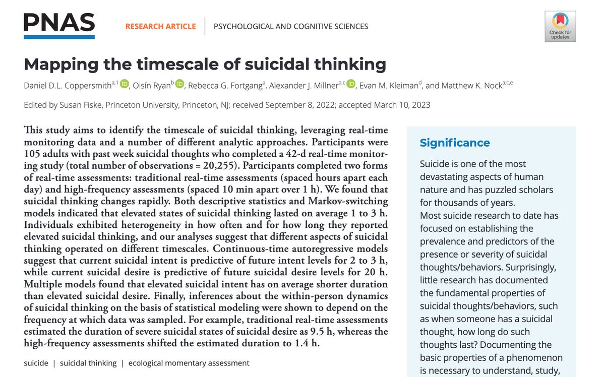 New paper, “Mapping the timescale of suicidal thinking”, now published in @PNASNews with @Oisin_Ryan_ , @beckyfortgang , @millner_alex , Evan Kleiman, and @mk_nock ! pnas.org/doi/10.1073/pn…