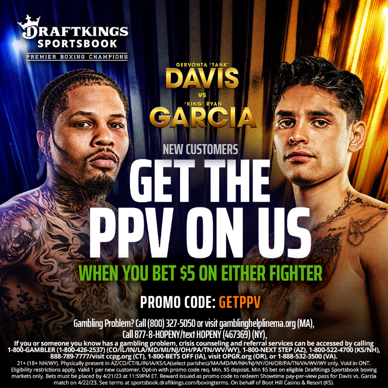 DKSports's tweet photo. 🚨 DAVIS vs GARCIA 🚨 

Bet $5 on either fighter and get the PPV on us! Must sign up with promo code: GETPPV 🥊