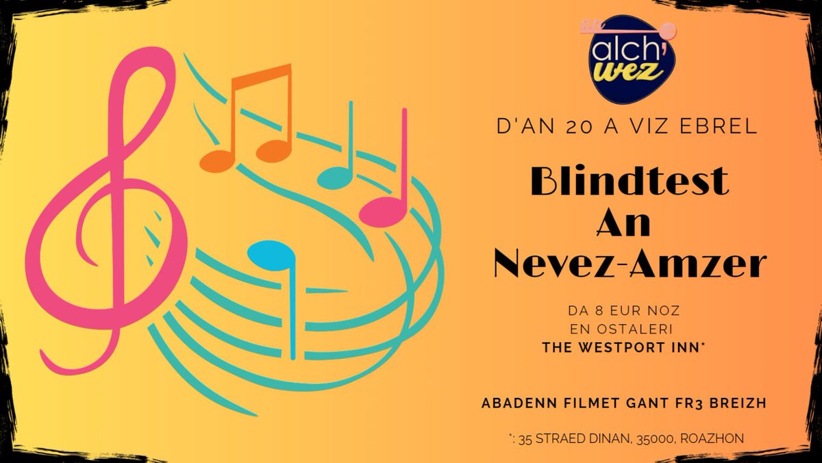 Deuit da c'hoari, da flapiñ ha da gaout plijadur e brezhoneg diriaou da 8e er Westport Inn e Roazhon evit Blindtest An Alc'hwez #brezhoneg #Roazhon #plijadur 😎🎸🎤🎼🎹🎬🍺🎉