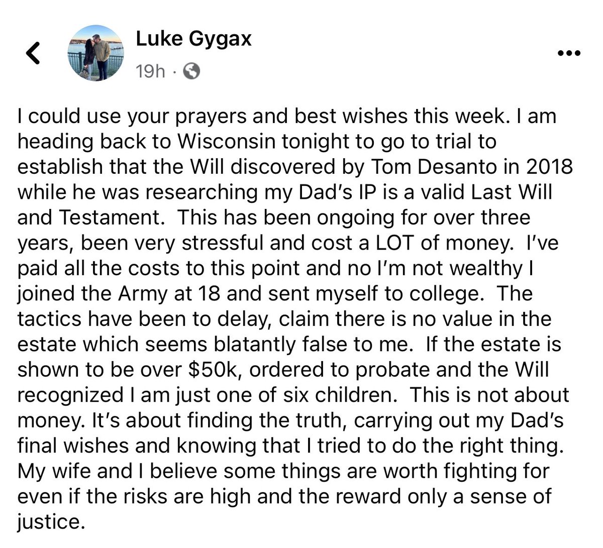 YoDanno's tweet photo. From the FB. Sending good thoughts and prayers for my friend @lukegygax and his family,
This is what doing the right thing looks like. It’s not always easy, and can be costly.
But always worth fighting for.
#IStandWithLuke #DnD https://t.co/vp1XaJ0zTn