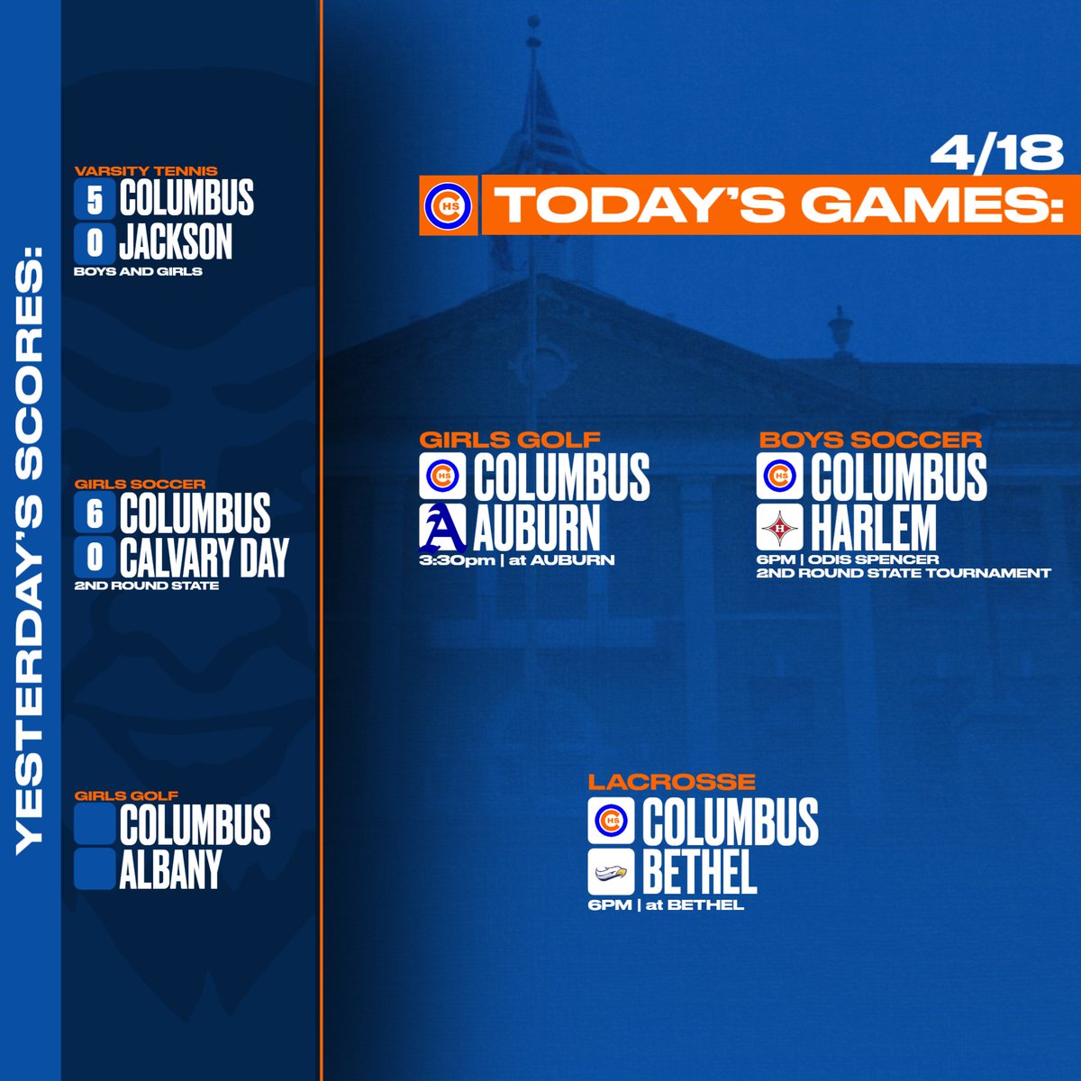 Take a look at today's games and yesterday's scores! Go Blue Devils! #WeAreColumbusHS #BlueHell