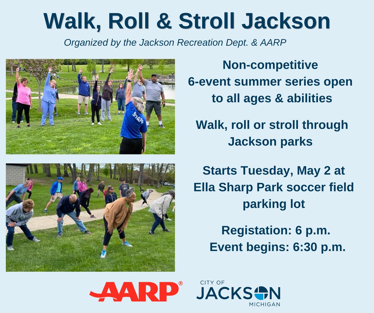 If you're looking to get active, join us for the Walk, Roll and Stroll #JacksonMi program! This popular program from the City of Jackson and <a href="/AARPMichigan/">AARP Michigan</a> kicks off Tuesday, May 2, 6 pm at Ella Sharp Park. Learn more about the events from the City website: cityofjackson.org/CivicAlerts.as…