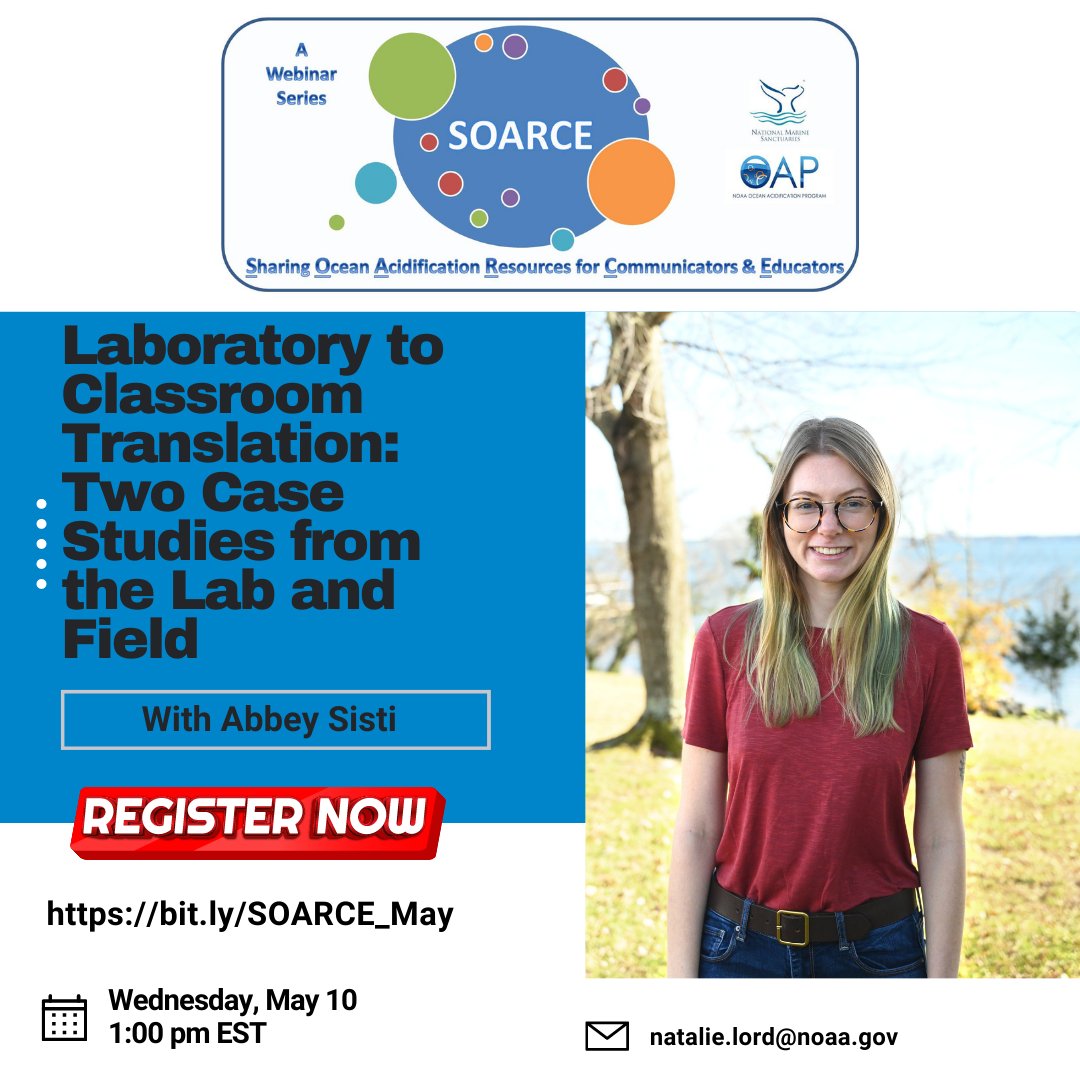 OA_NOAA's tweet photo. 🚨The #SOARCE webinar series is starting up on May 10! @abigailsisti will present 2 case studies on collaborative scientist and educator partnerships!

Join us monthly to learn about #OceanAcidification communication tools for all educators. 

Register: https://t.co/eXmBoZxcVL https://t.co/8ppKYqHYe8