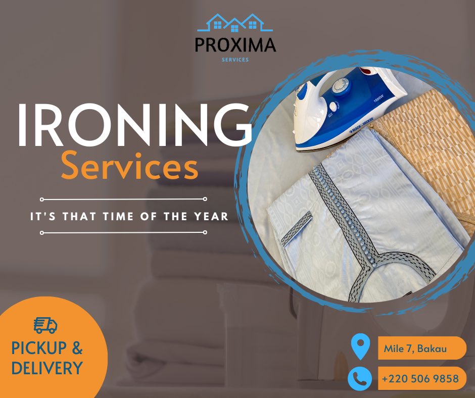 ProximaServices's tweet photo. It's nearly time to dress up and look your best. Let’s help you make a good impression this Eid 💙
#Gambia #ProximaServices #ProximaLaundry #SunjKoriteh220 https://t.co/egzLZ4yKRI