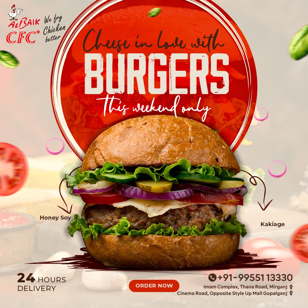 AlBaikCFC's tweet photo. 𝗕𝗨𝗥𝗚𝗘𝗥
Who loves burgers? Raise your hands! We have everything you want in a burger. Taste the #Delicious_food from the best restaurant in #Gopalganj at the best price.

For Any Query:
☎️Call: +91-9955113330
🌎Address: Cinema Road, Opposite style Up Mall, Gopalganj https://t.co/FR7pA1cH8c