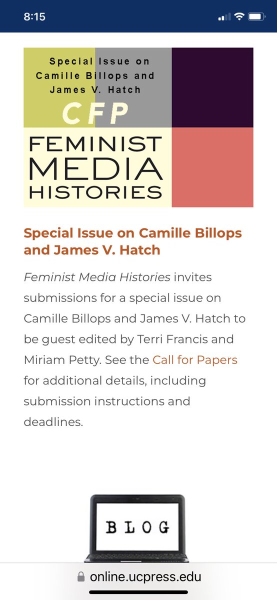 Terri_Francis's tweet image. Excited to be working with Miriam Petty and Jennifer Bean to bring out new research on the films of Camille Billops and James V Hatch. 

Proposals due May 1. Looking for new 💡 !  

More info: online.ucpress.edu/fmh/pages/cfp

Films streaming @criterionchannl 

#film #scms2023 #Billops