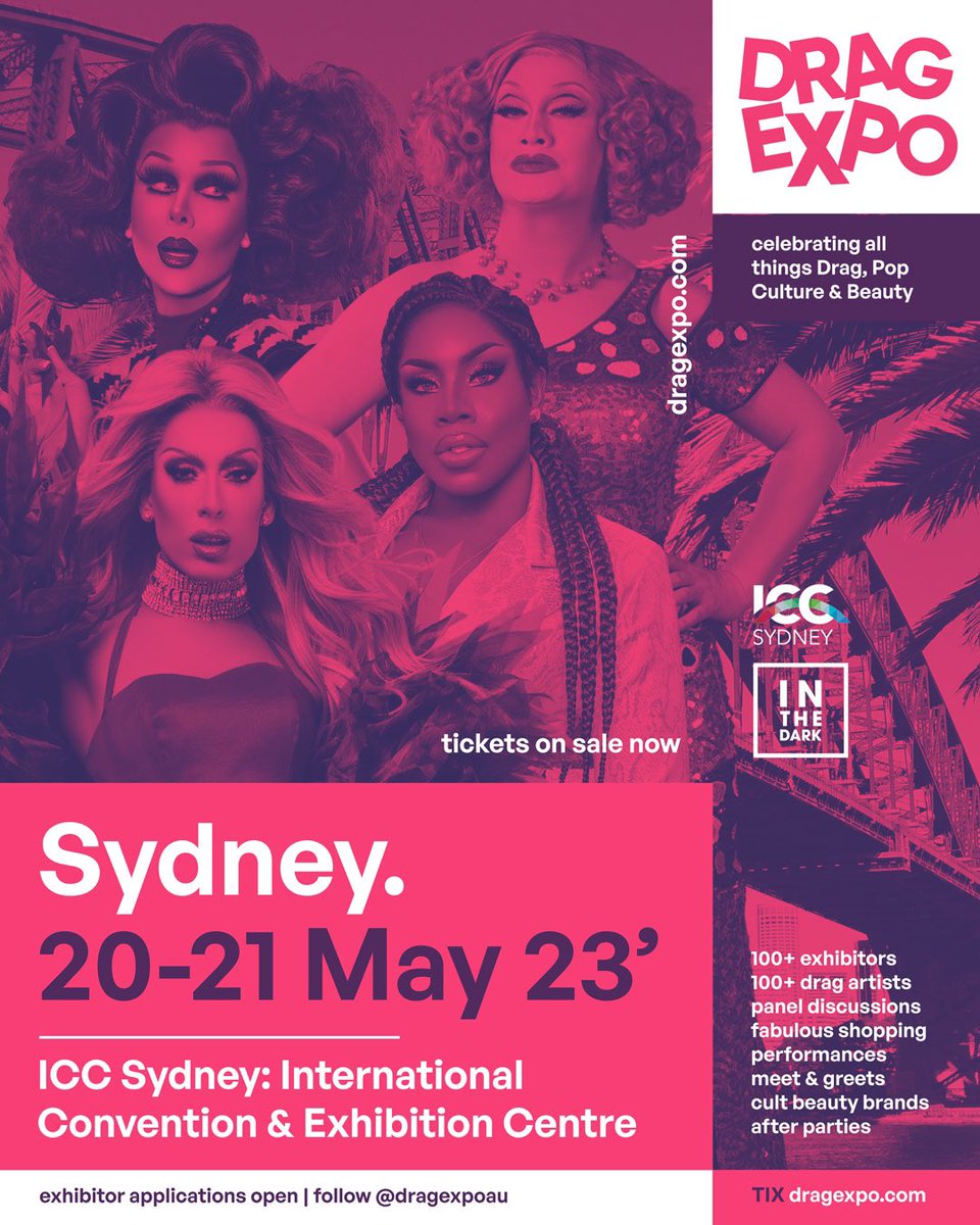 dragexpoau's tweet photo. Sydney! We’re so excited join us at the ICC at Darling Harbour this May! tix : https://t.co/YhrWdwEYDC #itdevents #dragexpo @monetxchange @JinkxMonsoon @TrinityTheTuck @Alaska5000 https://t.co/q9iFQc07E9