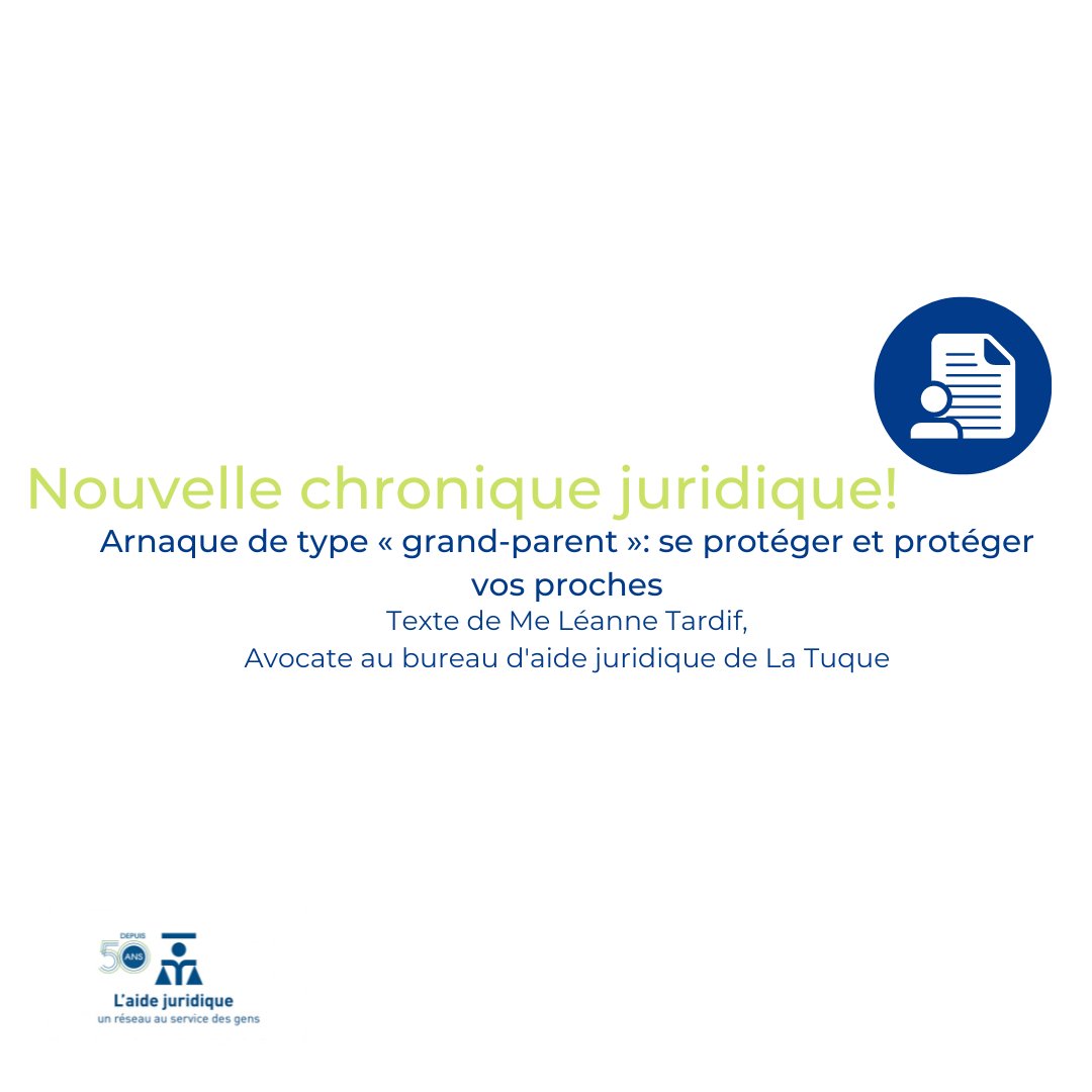 La_CSJ's tweet photo. Voici une chronique intitulée : « Arnaque de type « grand-parent » : se protéger et protéger vos proches » écrite par Me Léanne Tardif, avocate au bureau d’aide juridique de La Tuque. 👇
https://t.co/RXRjGyRuVe https://t.co/fThyOzaNR7