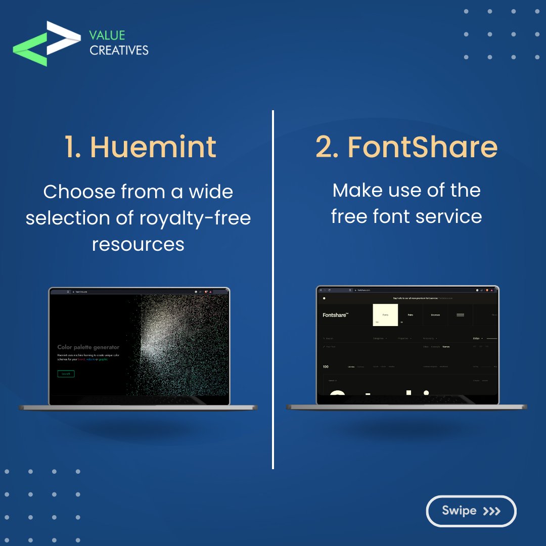 value_creatives's tweet photo. Take your graphic designing game to the next level with these design resources.
Follow us for more!

#GraphicDesigner #DesignResources #Huemint #Fontshare #Fontjoy #TheNounProject #ValueCreatives https://t.co/JUPeU3MHko