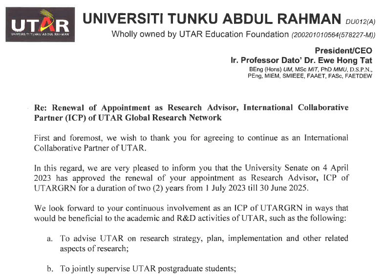 gsyeoh's tweet image. Thrilled to share that I've been re-appointed by UTAR Senate as a Research Advisor! Thank you for this incredible opportunity to guide and support the next generation of scholars. #utar