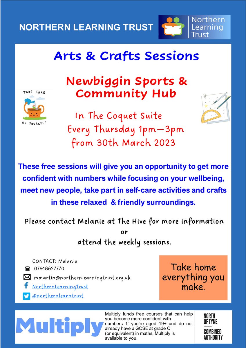 Join our #multiply sessions this time doing Arts and Crafts while getting confident with numbers.
Free sessions will be focused on self-care activities and crafts. Lots of fun in a friendly environment is guaranteed. 😁
Contact Melanie if you'd like to know more.
