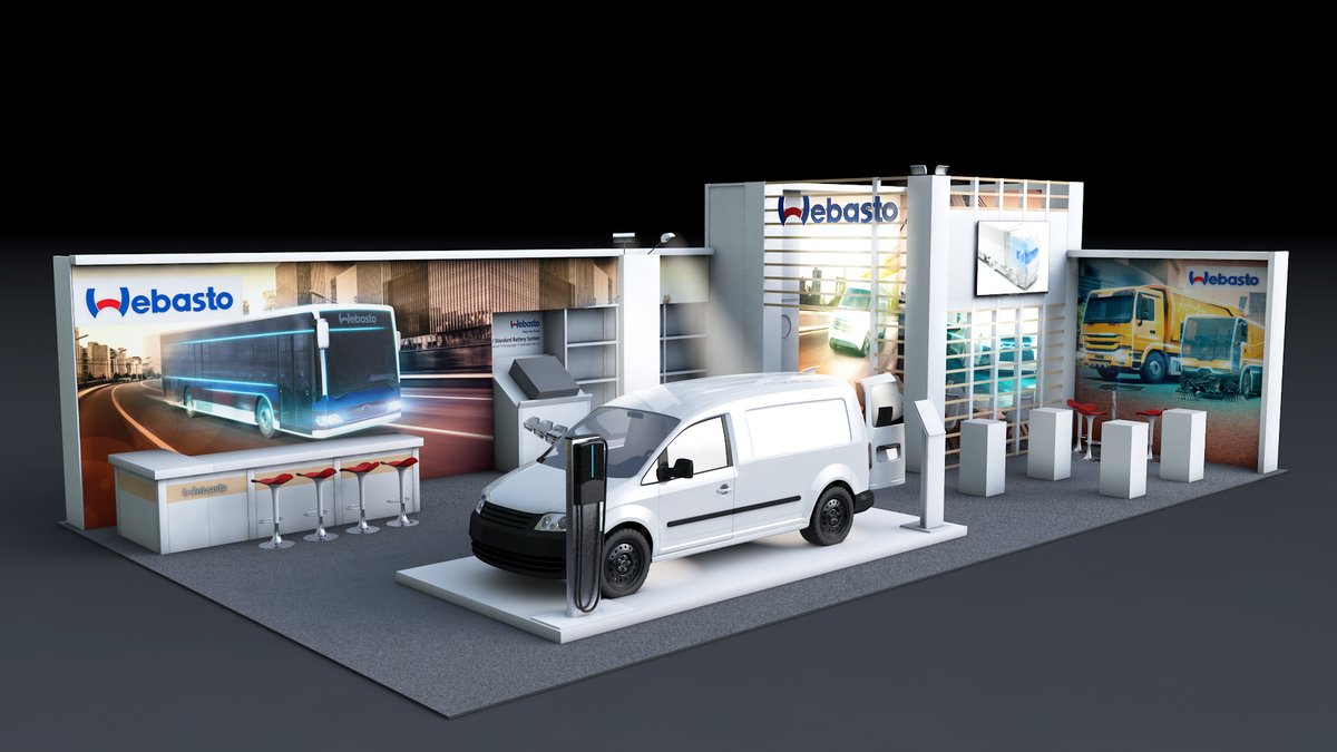 VecoDisplay's tweet photo. A couple of shots of #Webasto's new #exhibition stand, refreshed and reconfigured for another year at @TheCVShow!
Drawing customers onto the stand with a huge TV above the #meeting room and #custom built plinths to #highlight the products! https://t.co/RSLnFK9sGe