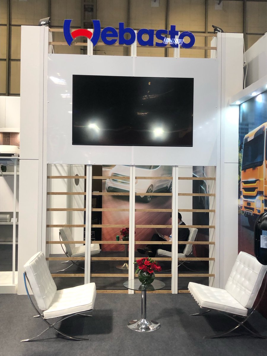 A couple of shots of #Webasto's new #exhibition stand, refreshed and reconfigured for another year at <a href="/TheCVShow/">Commercial Vehicle Show</a>!
Drawing customers onto the stand with a huge TV above the #meeting room and #custom built plinths to #highlight the products!