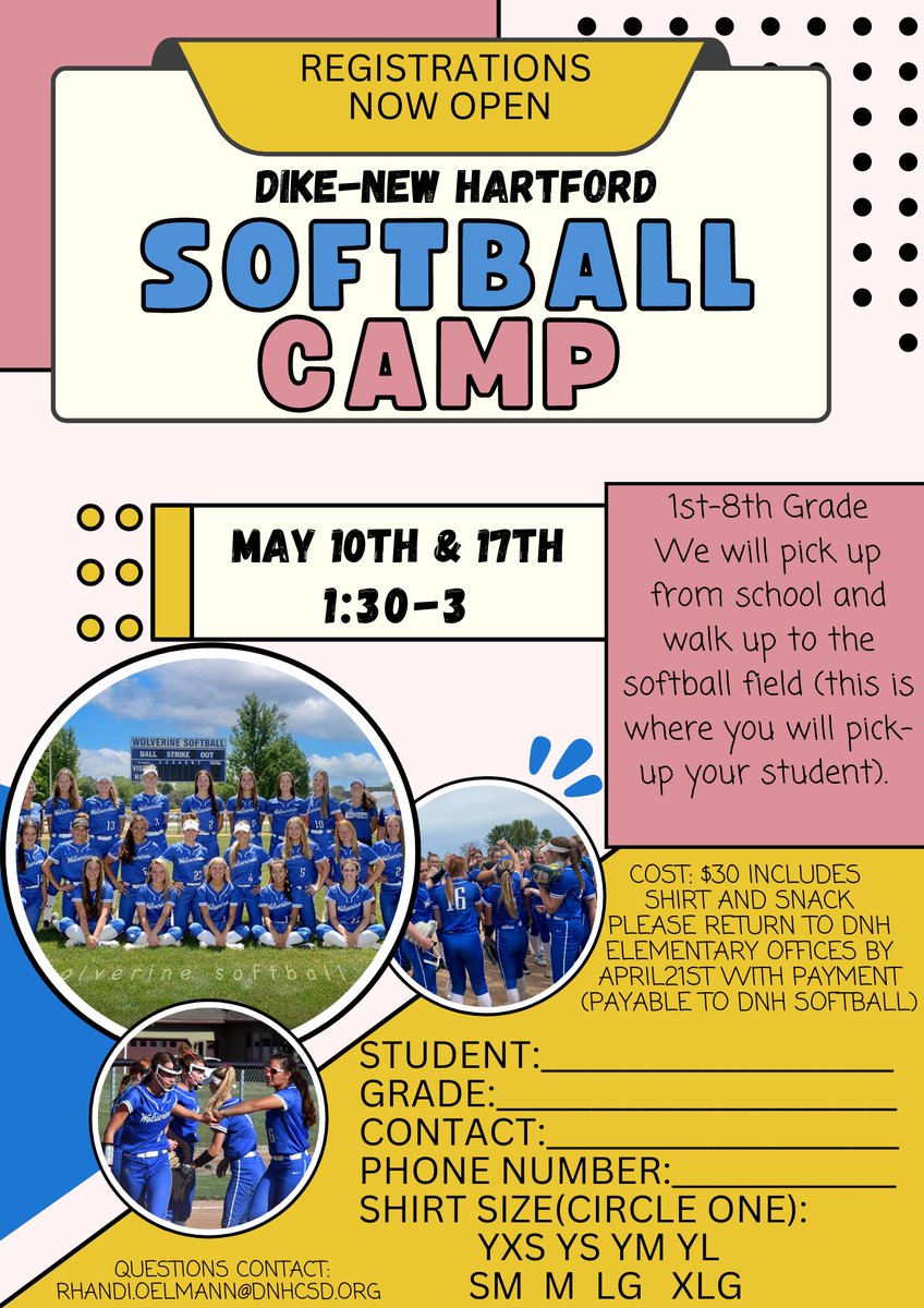 We are excited to be hosting youth camp! Below you will find the details. If weather doesn’t permit us to be outside we will move camp indoors! Let us know if you have any questions!🥎