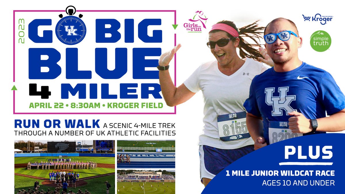 Tomorrow is the the Go Big Blue 4-miler, presented by <a href="/kroger/">Kroger</a> Simple Truth.

Join us at Kroger Field! 

It is your chance to run or walk through a number of <a href="/UKAthletics/">Kentucky Athletics</a> facilities!! 
#BBN
Sign up: runsignup.com/Race/KY/Lexing…