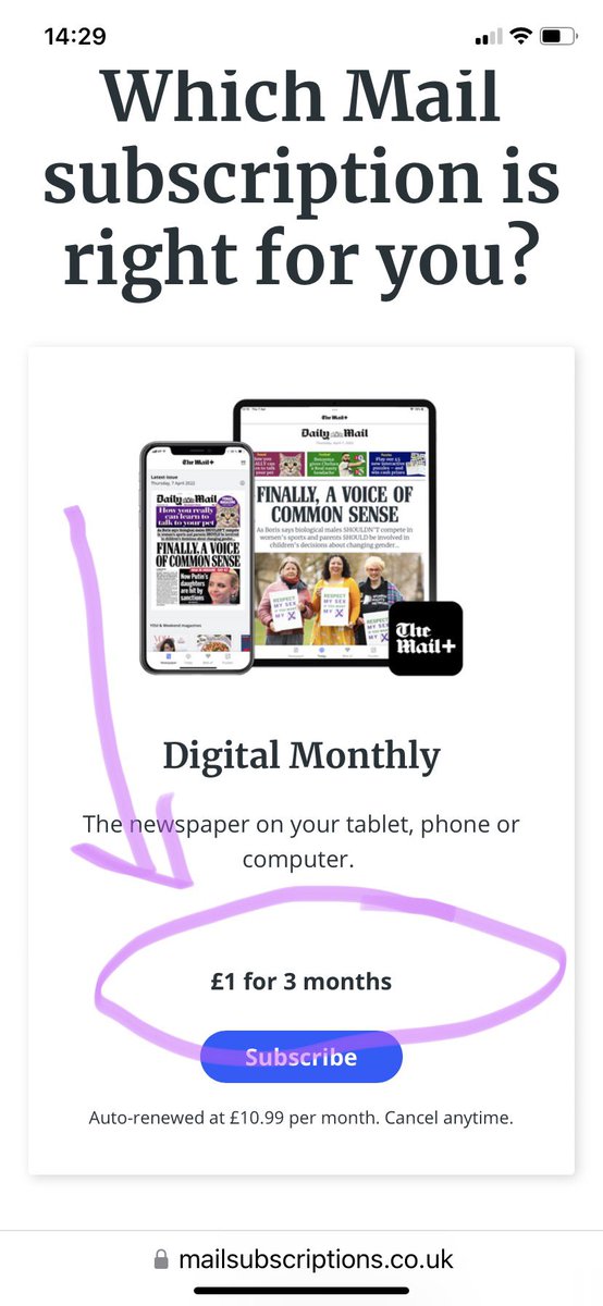 savewithsparks's tweet photo. ‼️ Daily Mail Scam ‼️

Offered my Mum a ‘£1 for 3 months’ trial subscription ..

Taken £10.99 after the first month and refusing to refund when queried 😡

This sort of advert is misleading at best - AVOID!

@DailyMailUK - you should be ashamed of yourselves https://t.co/ilYvSeAuGF