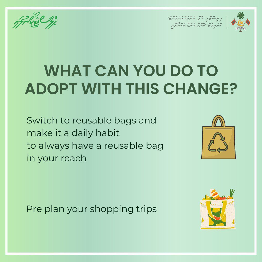 MoEnvmv's tweet photo. Plastic bag fee is effective from today. Every business activity operating in Maldives will be charging a fee of MVR 2 as a plastic bag fee starting from today. Avoid the usage of plastic bags and carry your own reusable bags to adopt with this change.

#Plastikaanulaa https://t.co/rgBrMB0AHJ