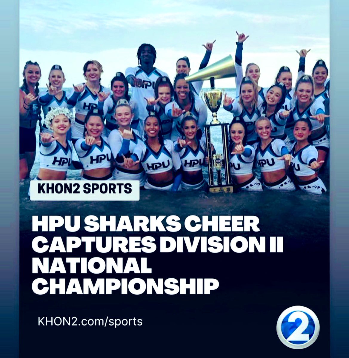 AvaAcheson's tweet photo. Mahalo🌺🤙🏽to everyone that cheered us on!! Nothing better than coming back to Hawaii with one of these… #nattychamp #sharkfest #hpucheer #ncacollegiatechampion https://t.co/GnjGOQM227