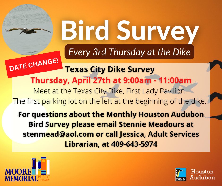 MoorePublic's tweet photo. DATE CHANGE: The monthly bird survey at the Texas City Dike has been moved to next Thursday, April 27th at 9:00 AM. Interested participants will still meet at the First Lady Pavilion, the first parking lot on the left at the beginning of the Dike. https://t.co/OE4TVJPlnD