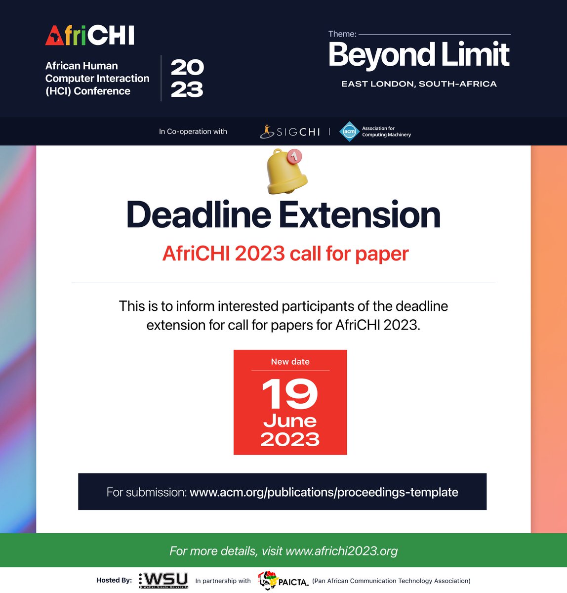 AfriCHI_Conf's tweet photo. #CallforPaper Have you been wondering you missed an opportunity to present your work on HCI, AfriCHI has got you covered. Deadline for Paper Submission has been extended. Please take advantage of this great opportunity! For more details, visit https://t.co/BWZUra6iTh https://t.co/o3U9HT6lf1