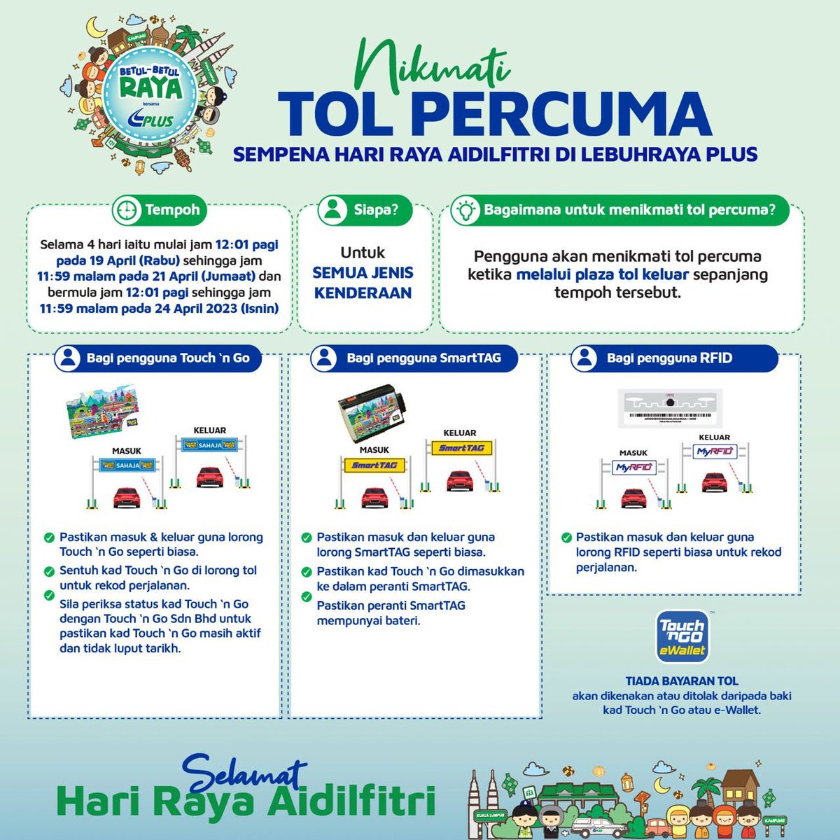 Nak balik raya dah kan? 

Tambah seronok bila dah dapat tol percuma. 

Dah boleh rancang perjalanan mulai sekarang. 

Untuk maklumat lanjut boleh rujuk infografik @plus_malaysia 

Selamat Hari Raya Semua