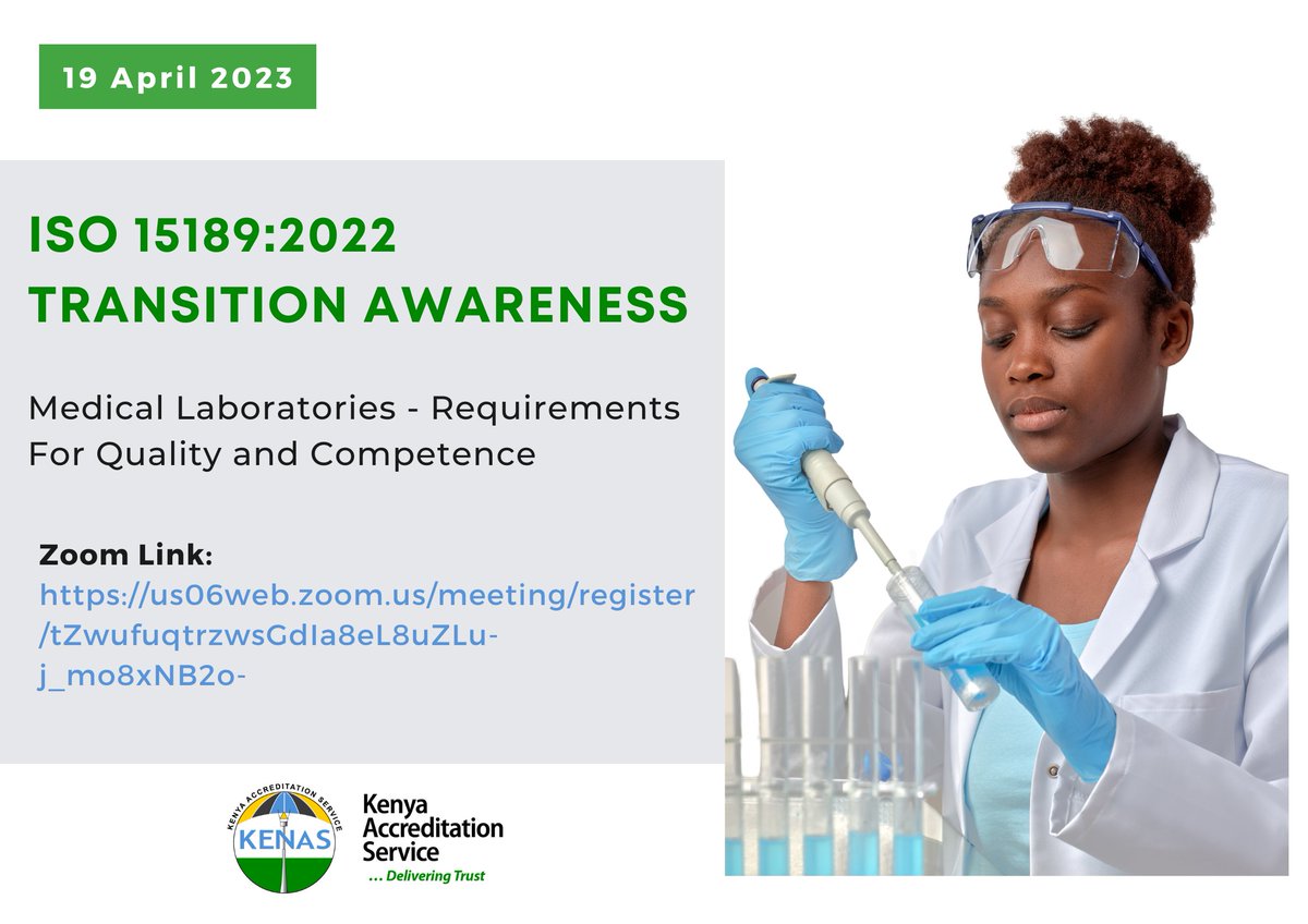 KENASgoke's tweet photo. Join us tomorrow at 8:30 AM  for the ISO 15189:2022 TRANSITION Awareness training and gain a competitive edge on the standard for Quality and Competence Requirements in Medical Laboratories. Don't miss out on this opportunity ! Register now: https://t.co/VQnqGzcHhx https://t.co/vChLBwN9bn