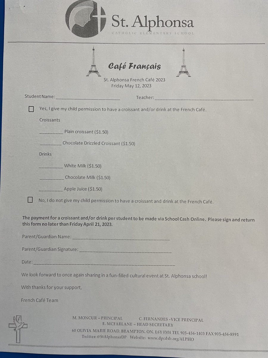 Le café français - St. Alphonsa will be hosting a French cafe on Friday May 12, 2023. Each student attending the French cafe will have an opportunity to purchase a croissant and/or drink. Please  return the form and use School Cash Online for payment. <a href="/StAlphonsaDP/">St. Alphonsa Catholic Elementary School</a>