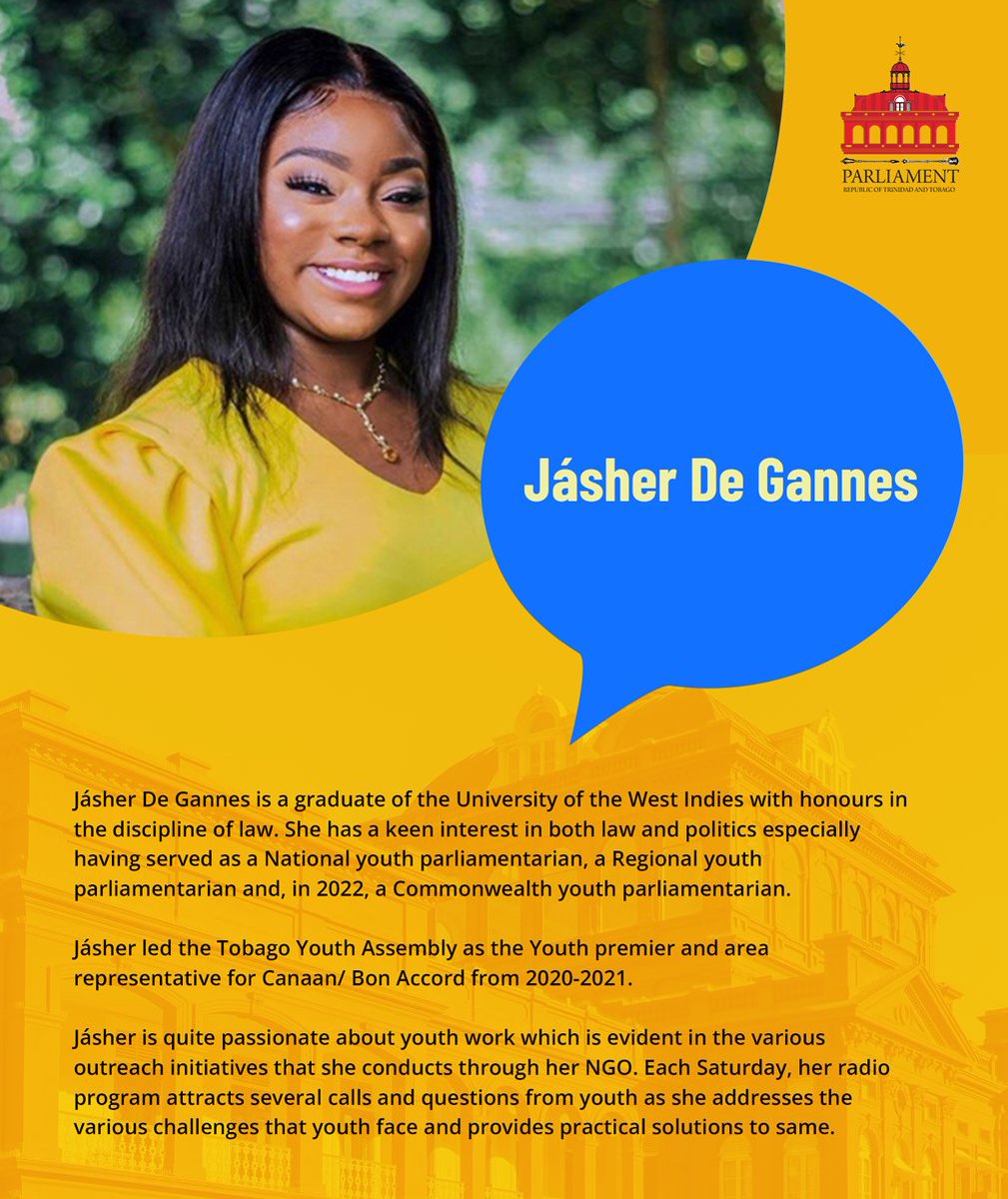 TTParliament's tweet photo. The final panellist for the panel discussion on "Governance and Youth: Are we all at the table?" is Ms. Jásher De Gannes.
Hear from Jásher at the panel discussion on April 20 at 11am on ParlView.
https://t.co/HVKwmALR73
#ISpeakForPeace #Commonwealth @commonwealthsec https://t.co/BCcdMRXiHZ