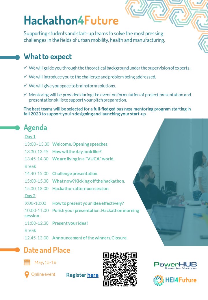 hei4future's tweet photo. Dreamt of being your own boss and creating your #startup? 
Join the online #Hackathon4Future on May 15-16 to explore your innovative ideas in #urbanmobility🚌, #health🩺, or #manufacturing🏭.
Register now!🚀
https://t.co/hktPSzKT4M https://t.co/lWgmoaoBtX