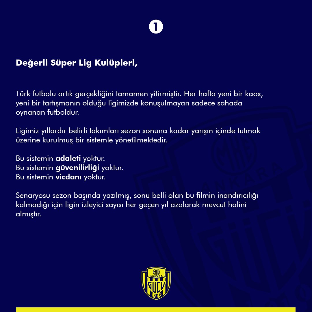 Ankaragucu's tweet photo. Kulüplerimizin daha fazla hak kaybına uğratılmaması ve Türk futbolunun gelişimi açısından bugün bir milat olarak kabul edilmeli, haksızlıklara karşı kulüp bazında değil birlikte mücadele edilmelidir.

Futbolda adaletin olmadığına inanan tüm kulüplerimize bu çağrıyı yapıyoruz. https://t.co/RPnTw4j46t