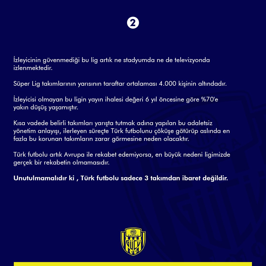 Ankaragucu's tweet photo. Kulüplerimizin daha fazla hak kaybına uğratılmaması ve Türk futbolunun gelişimi açısından bugün bir milat olarak kabul edilmeli, haksızlıklara karşı kulüp bazında değil birlikte mücadele edilmelidir.

Futbolda adaletin olmadığına inanan tüm kulüplerimize bu çağrıyı yapıyoruz. https://t.co/RPnTw4j46t