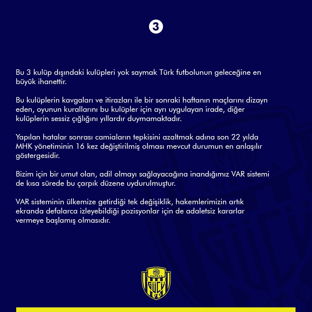 Ankaragucu's tweet photo. Kulüplerimizin daha fazla hak kaybına uğratılmaması ve Türk futbolunun gelişimi açısından bugün bir milat olarak kabul edilmeli, haksızlıklara karşı kulüp bazında değil birlikte mücadele edilmelidir.

Futbolda adaletin olmadığına inanan tüm kulüplerimize bu çağrıyı yapıyoruz. https://t.co/RPnTw4j46t