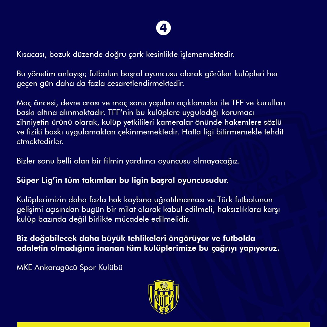 Kulüplerimizin daha fazla hak kaybına uğratılmaması ve Türk futbolunun gelişimi açısından bugün bir milat olarak kabul edilmeli, haksızlıklara karşı kulüp bazında değil birlikte mücadele edilmelidir.

Futbolda adaletin olmadığına inanan tüm kulüplerimize bu çağrıyı yapıyoruz.