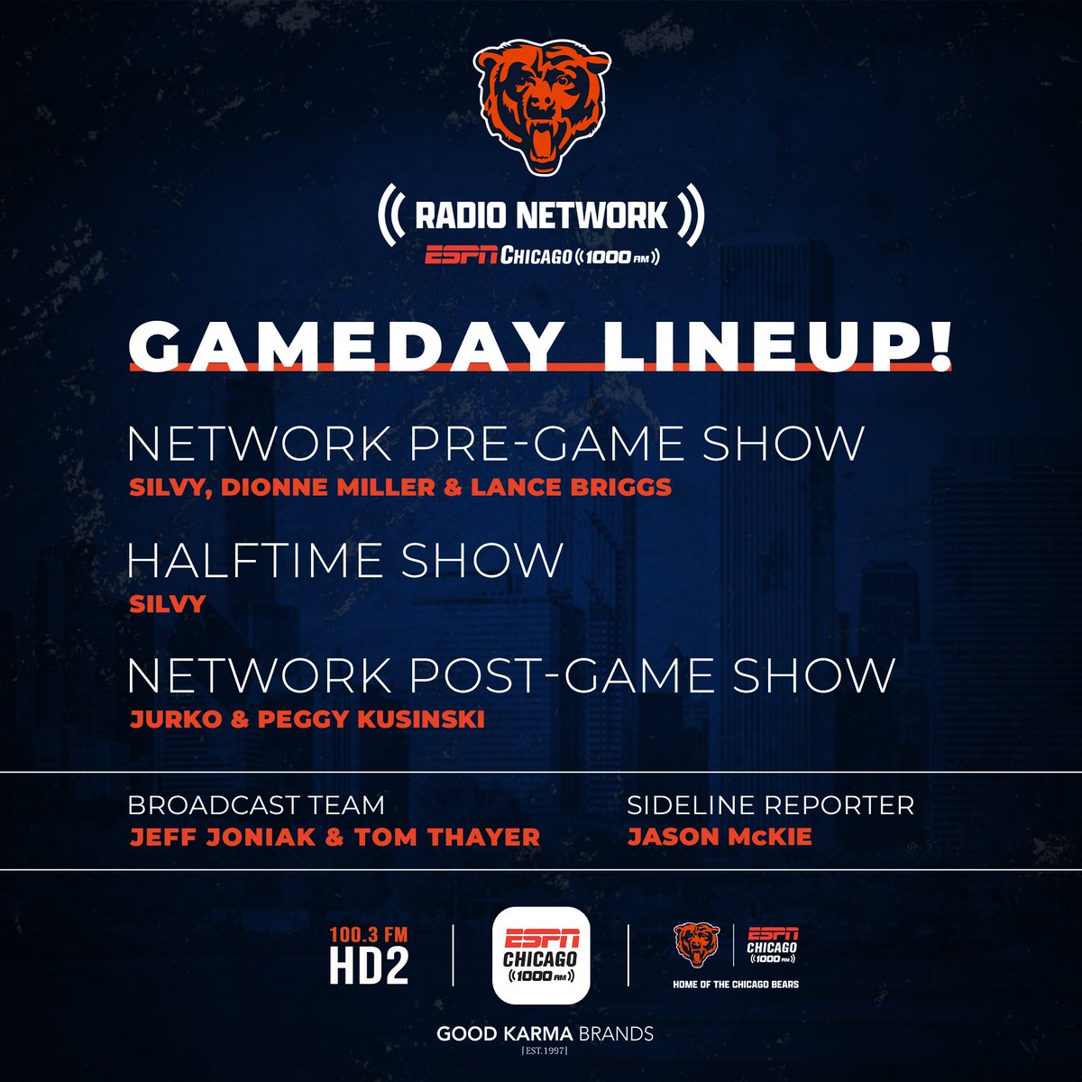 ESPN1000's tweet photo. BREAKING NEWS ‼️

It was time to assemble our own superteam. 

We are excited to announce our @ChicagoBears Radio Network Gameday Lineup! https://t.co/6McPiASrsd