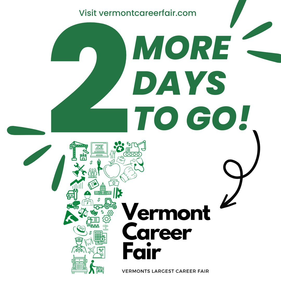 agcvermont's tweet photo. The Largest Career Fair in Vermont is only 2 days away! We have so many employers and even more job seekers coming to see you! Everyone is invited, lunch is on us. Come by the Champlain Valley Expo on April 20th from 10am-4pm. Don't miss out on this really great opportunity! https://t.co/PulDwSnqoH