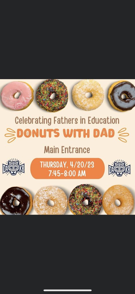 DevonAireK8's tweet photo. Calling all DAK8 Dads!
Come by this Thursday morning for some “Donuts with Dad” in celebration of #fathersineducationweek courtesy of our awesome PTSA #jaguarspouncedback #connectandinspiremdcps @DevonAireK8 @MDCPS @MDCPSSouth https://t.co/T7tQrcOb8w