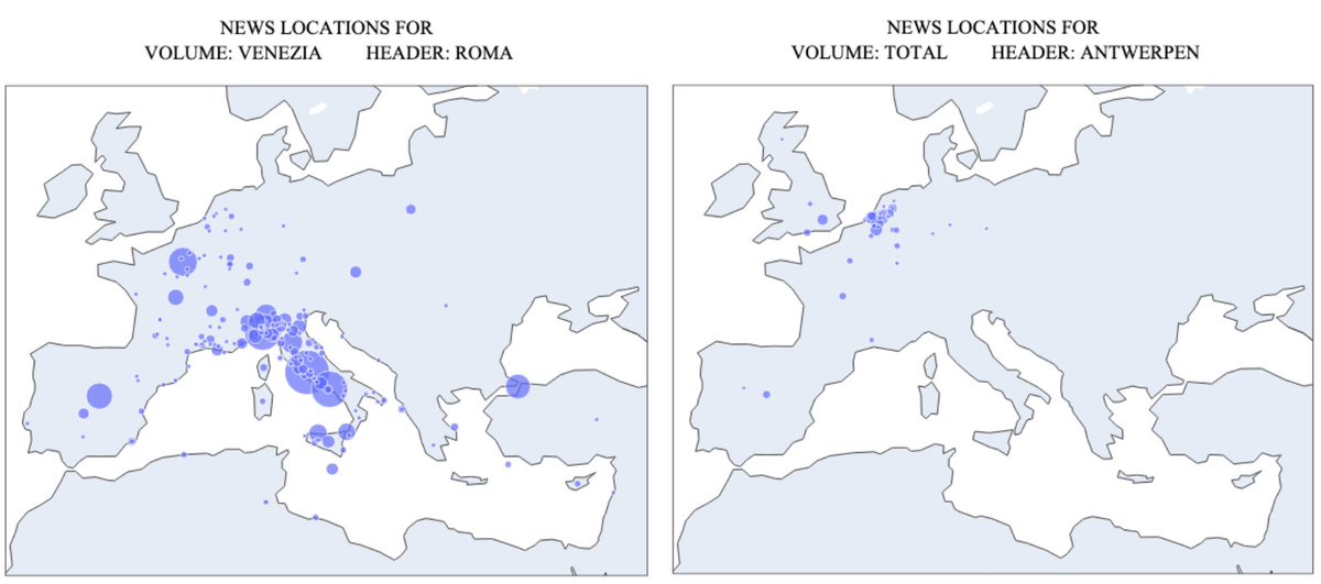 KreuzeWouter's tweet photo. How to deal with big differences? I am currently playing around with geographical visualizations of the news network. There are some challenges as the categories differ greatly in size. Centres that produced many headers might publish over a thousand times
on the same location. https://t.co/mfflUTyoDA